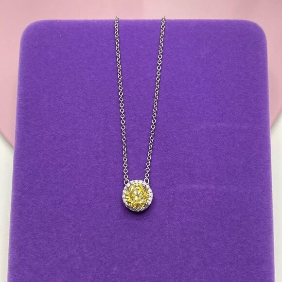 💛 925 Yellow & White CZ Halo Necklace - Picture 1 of 7